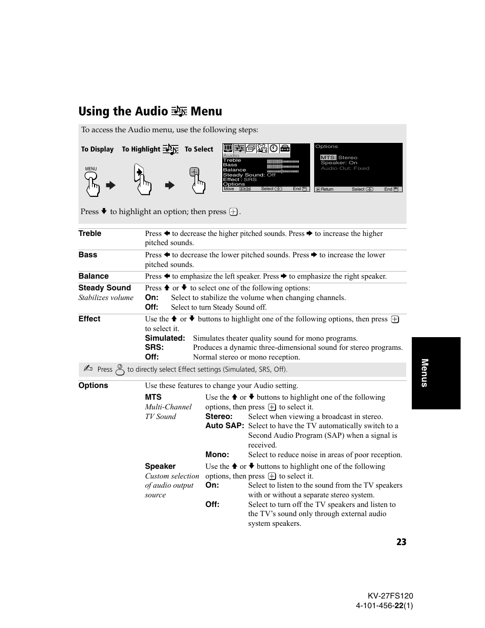 Using the audio menu, Using the audio | Sony KV-27FS120 User Manual | Page 31 / 48