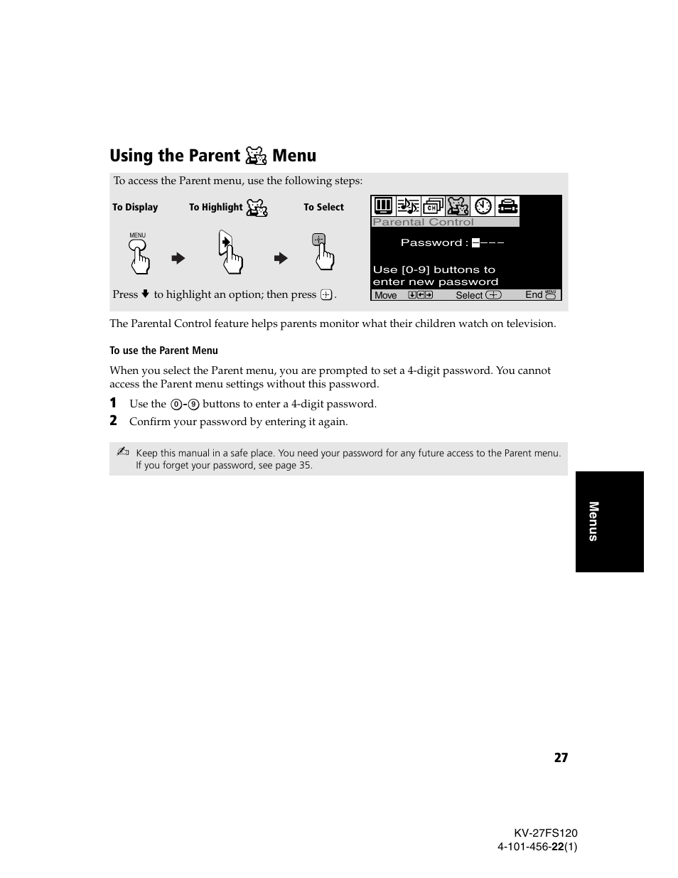 Using the parent menu, Using the parent | Sony KV-27FS120 User Manual | Page 35 / 48