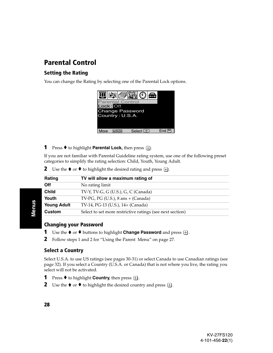 Changing your password, Select a country, Parental control | Sony KV-27FS120 User Manual | Page 36 / 48
