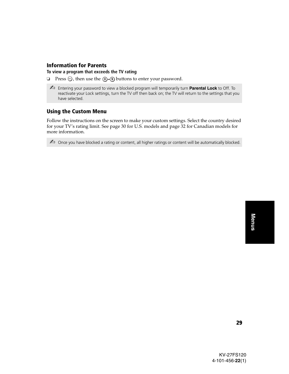 Information for parents, Using the custom menu | Sony KV-27FS120 User Manual | Page 37 / 48