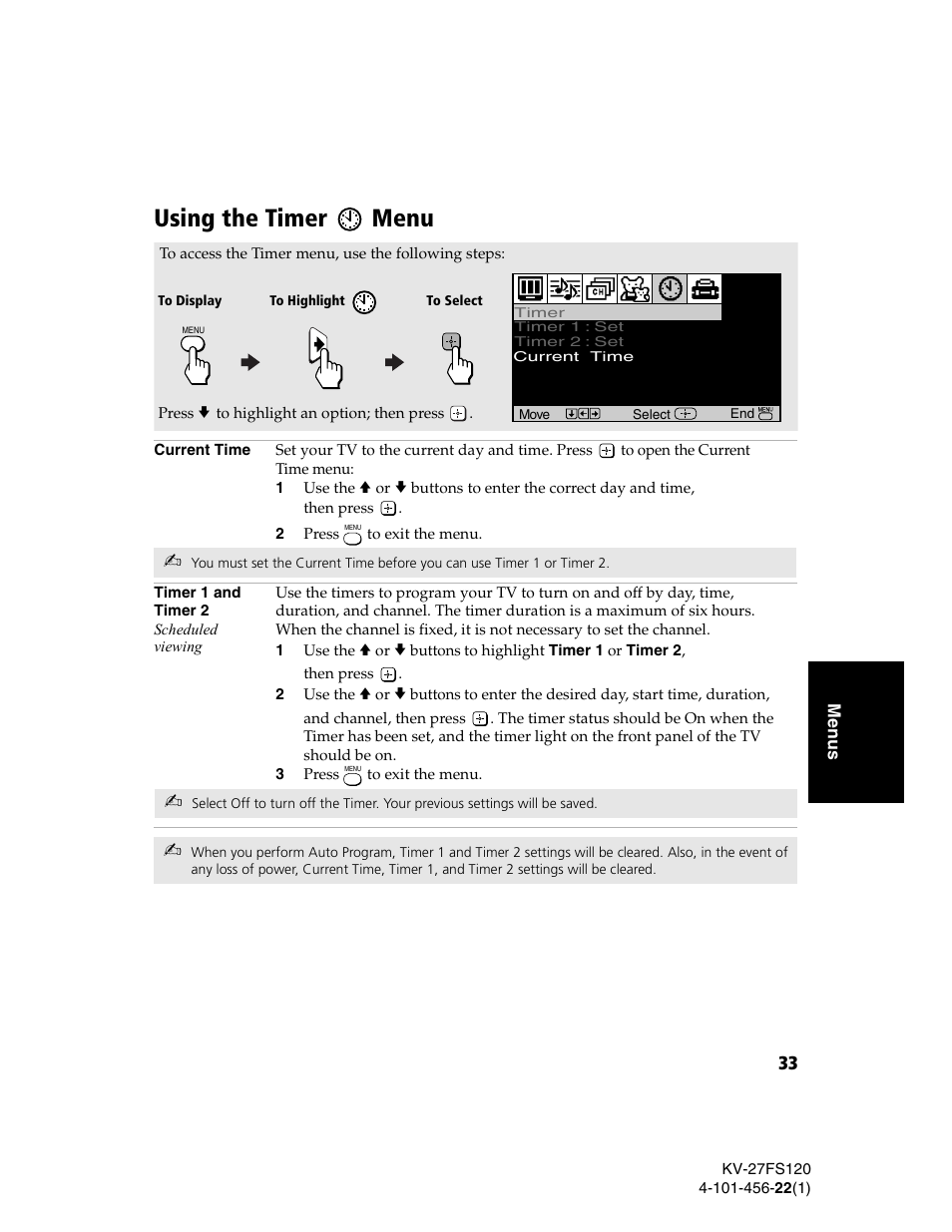 Using the timer menu, Using the timer | Sony KV-27FS120 User Manual | Page 41 / 48