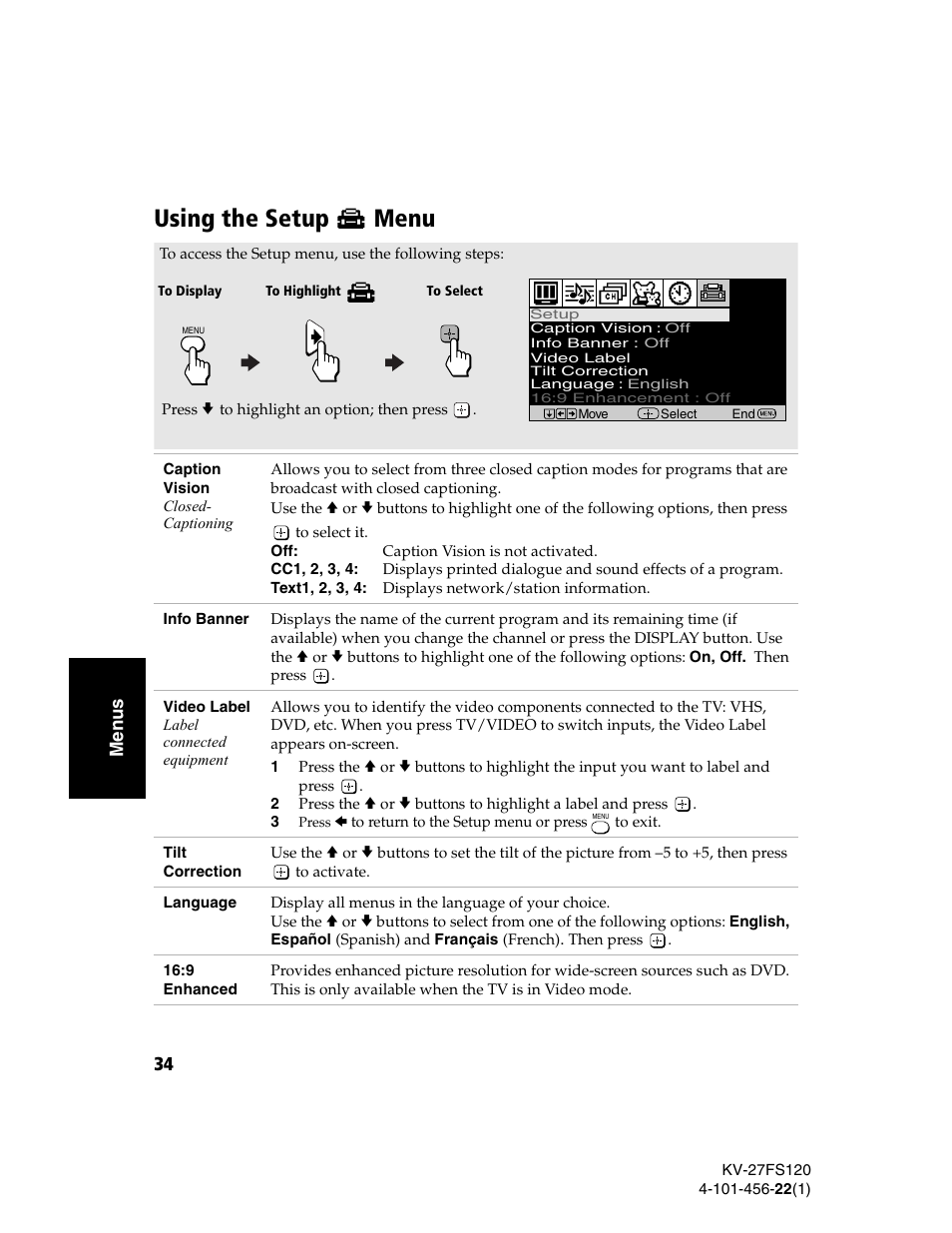 Using the setup menu, Using the setup | Sony KV-27FS120 User Manual | Page 42 / 48