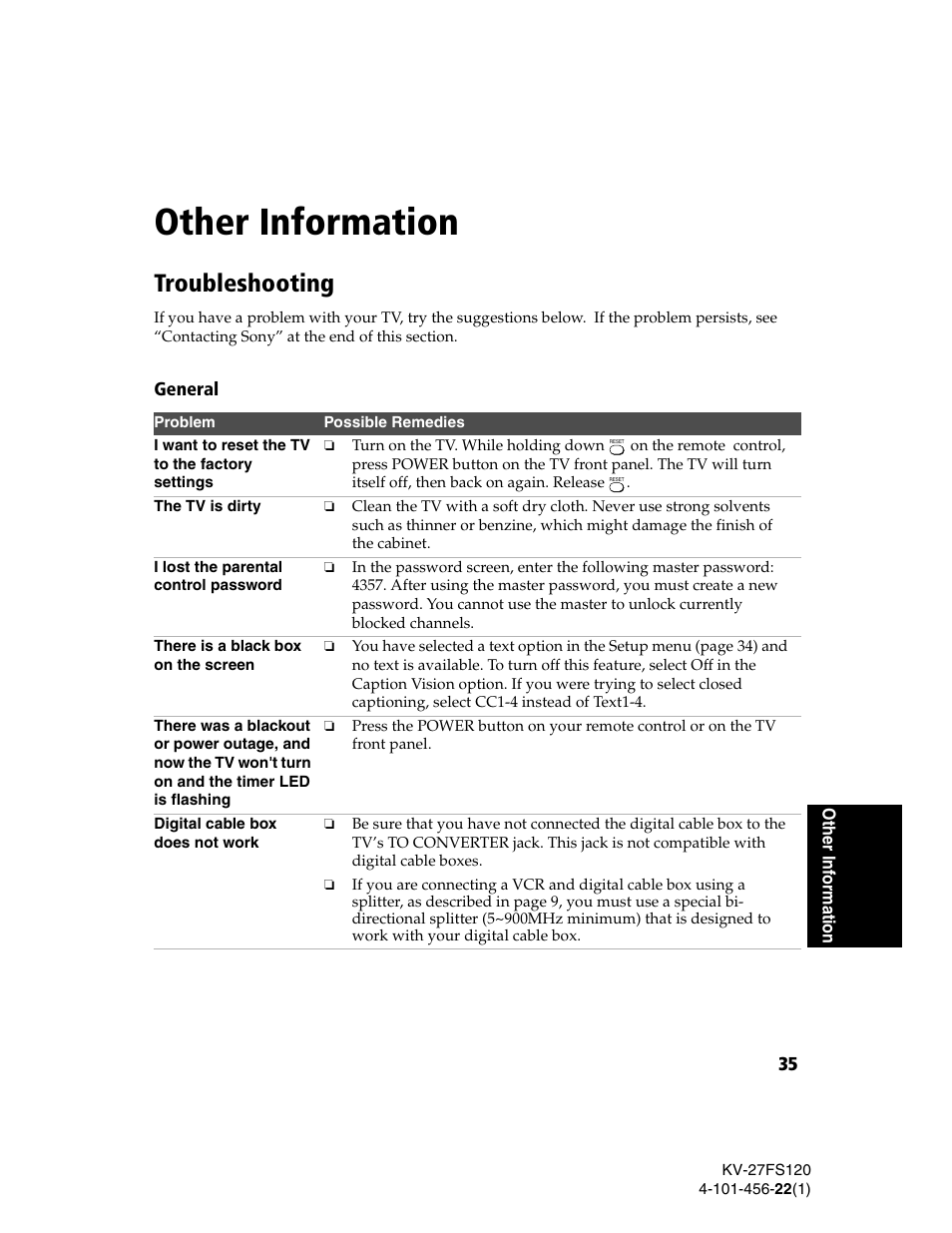 Other information, Troubleshooting | Sony KV-27FS120 User Manual | Page 43 / 48