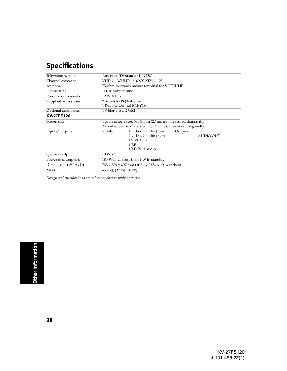 Specifications, Othe r in fo rm at ion | Sony KV-27FS120 User Manual | Page 46 / 48