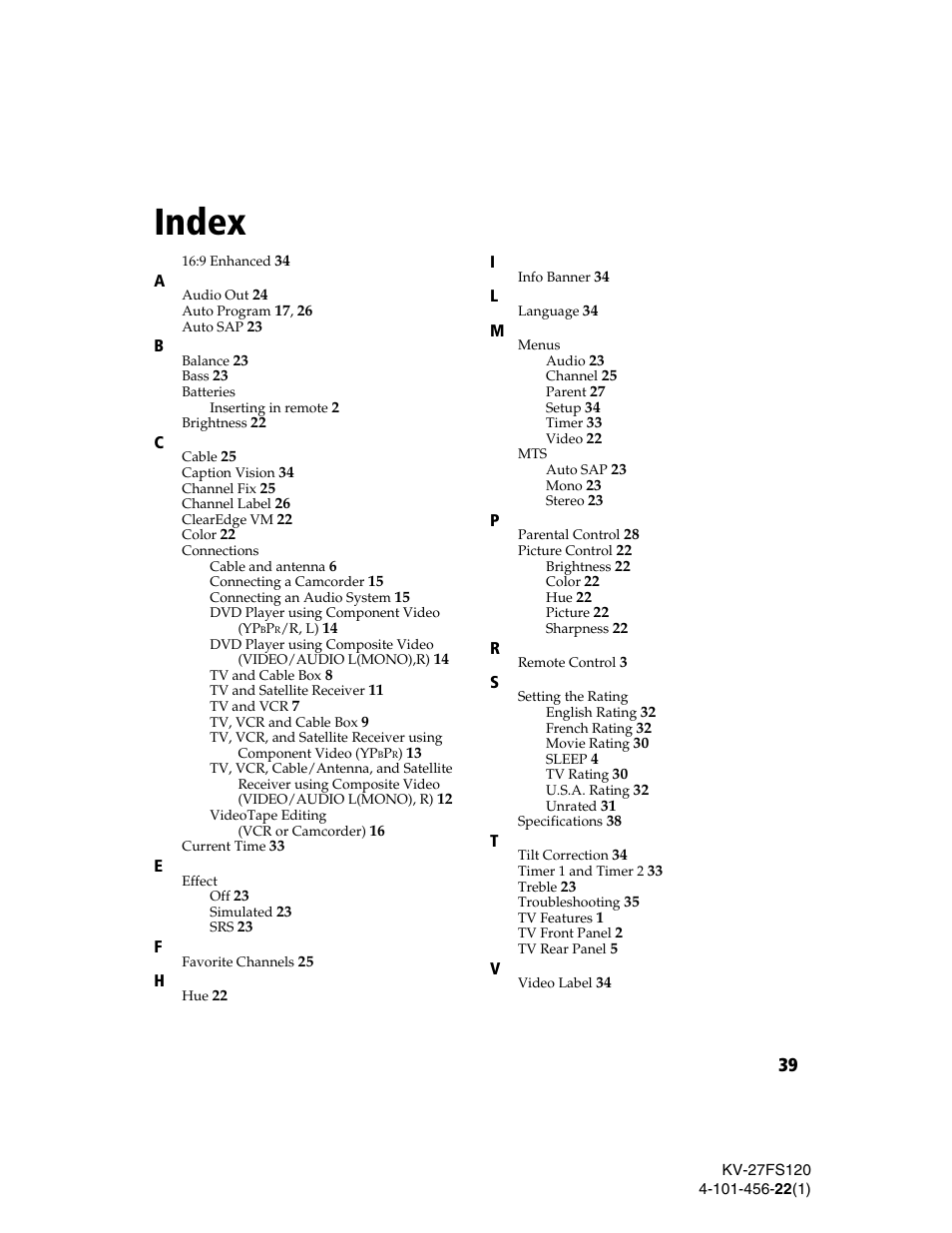 Index | Sony KV-27FS120 User Manual | Page 47 / 48