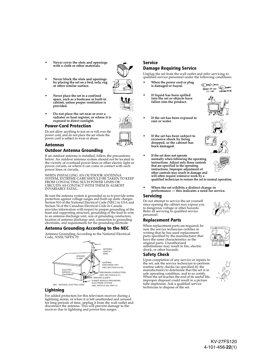Antennas, Service, Power-cord protection | Antennas outdoor antenna grounding, Antenna grounding according to the nec, Lightning, Service damage requiring service, Servicing, Replacement parts, Safety check | Sony KV-27FS120 User Manual | Page 5 / 48