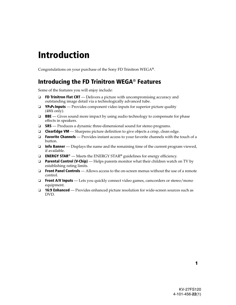 Introduction, Introducing the fd trinitron wega® features, Introducing the fd trinitron wega | Features | Sony KV-27FS120 User Manual | Page 9 / 48