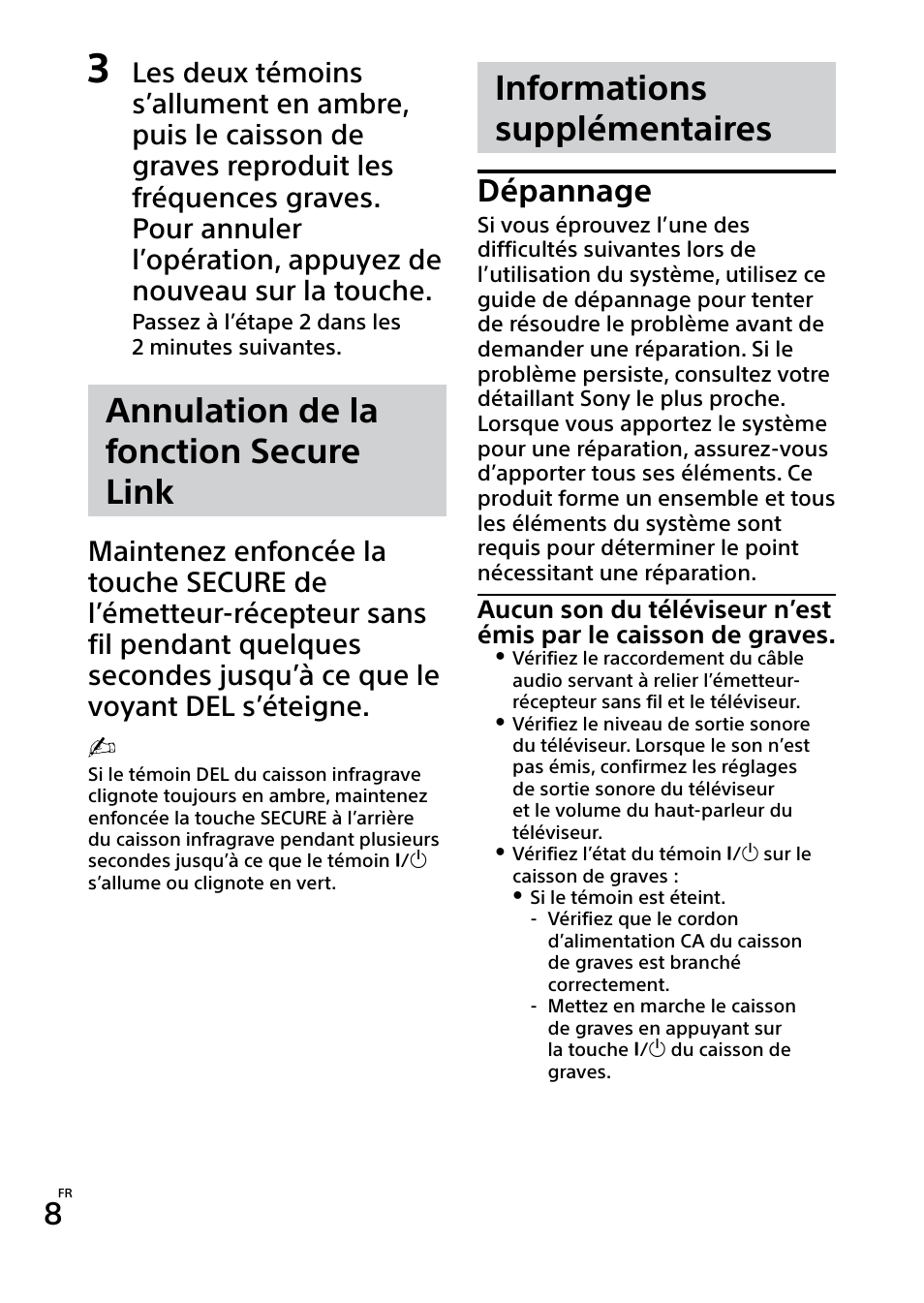 Annulation de la fonction secure link, Informations supplémentaires, Dépannage | Sony SWF-BR100 User Manual | Page 26 / 36