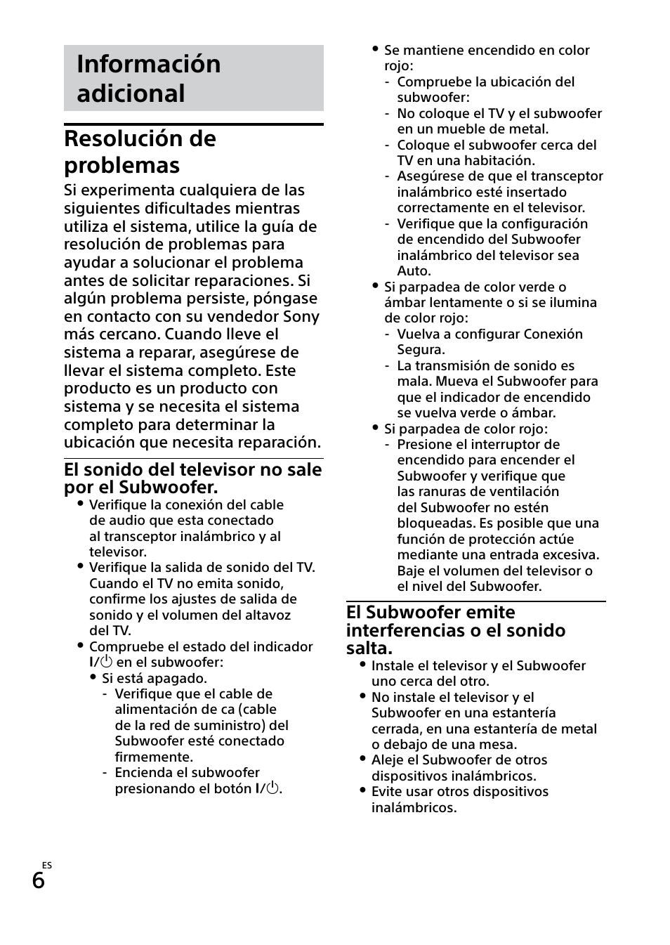 Información adicional, Resolución de problemas, El sonido del televisor no sale por el subwoofer | Sony SWF-BR100 User Manual | Page 34 / 36