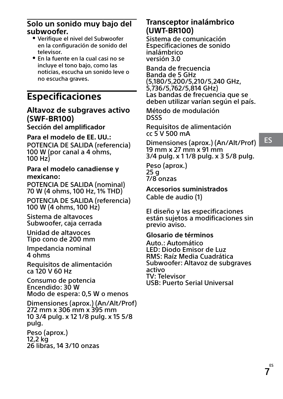 Especificaciones | Sony SWF-BR100 User Manual | Page 35 / 36