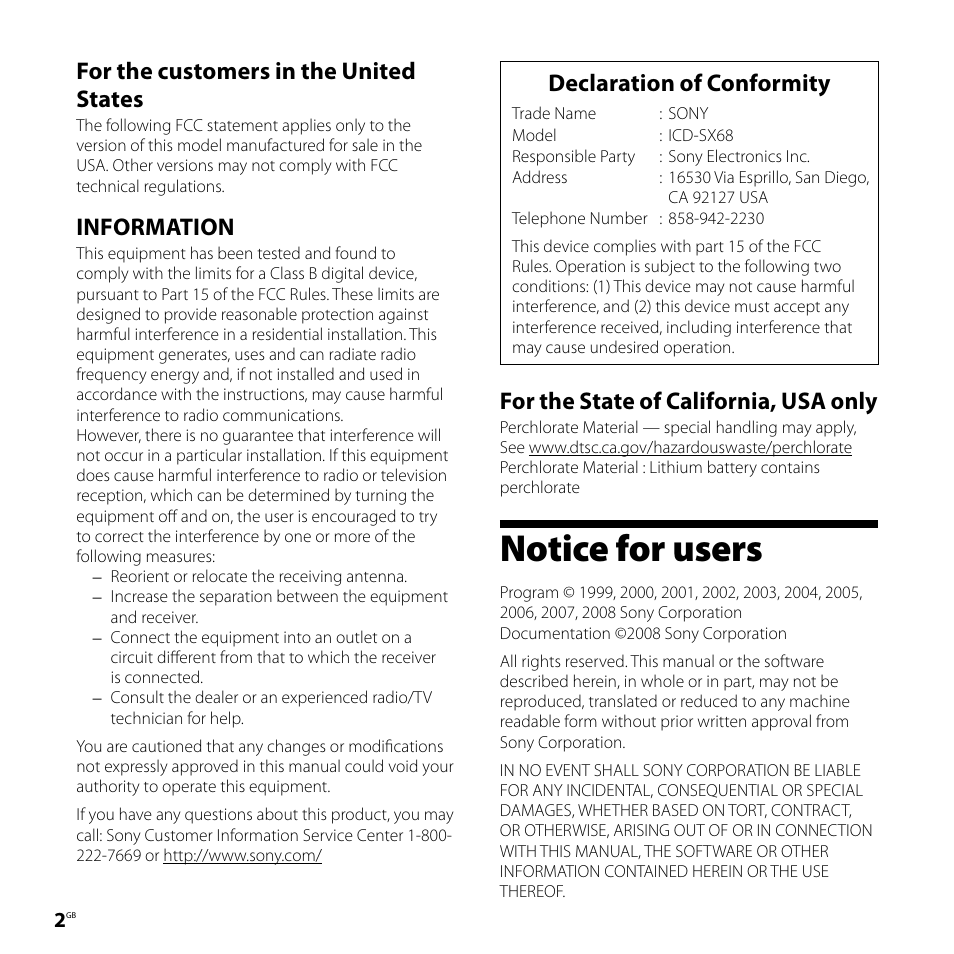 Notice for users, For the customers in the united states, Information | Declaration of conformity, For the state of california, usa only | Sony ICD-SX68DR9 User Manual | Page 2 / 88