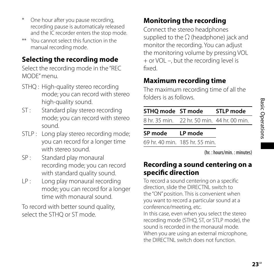 Selecting the recording mode, Monitoring the recording, Maximum recording time | Sony ICD-SX68DR9 User Manual | Page 23 / 88