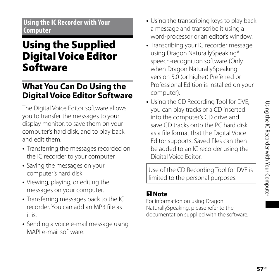 Using the ic recorder with your computer, Using the supplied digital voice editor software, Using the ic recorder with | Your computer, Using the supplied digital voice, Editor software, What you can do using the, Digital voice editor software | Sony ICD-SX68DR9 User Manual | Page 57 / 88