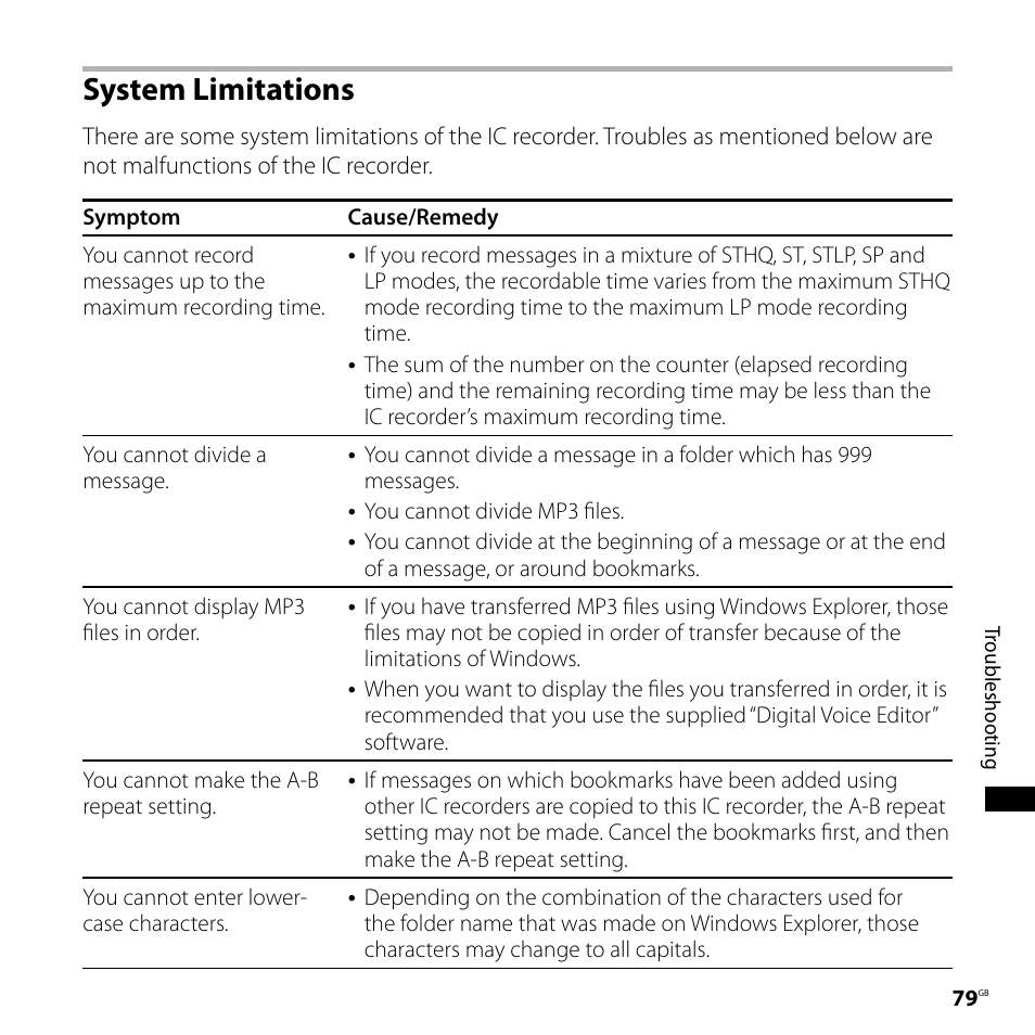 System limitations | Sony ICD-SX68DR9 User Manual | Page 79 / 88