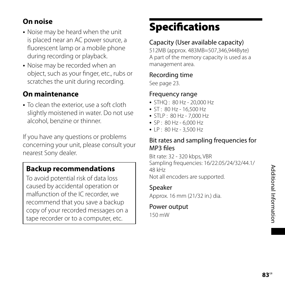 Specifications, On noise, On maintenance | Backup recommendations | Sony ICD-SX68DR9 User Manual | Page 83 / 88