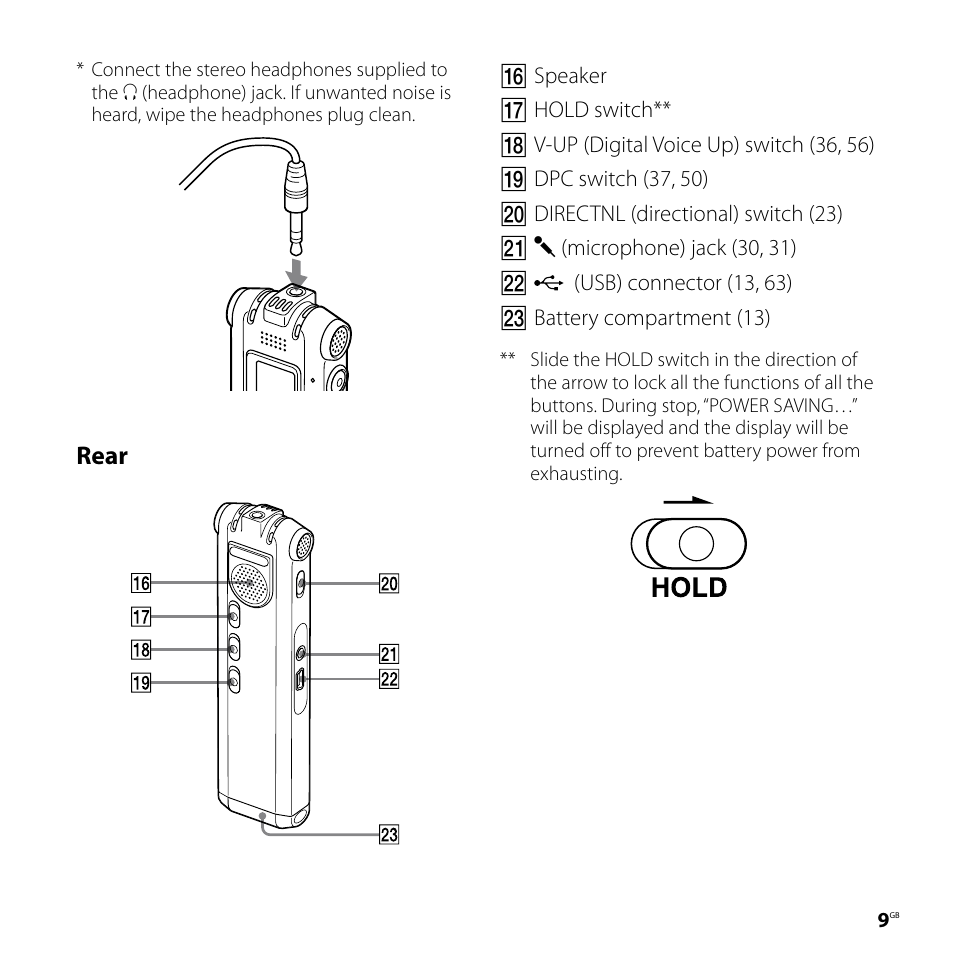Rear | Sony ICD-SX68DR9 User Manual | Page 9 / 88