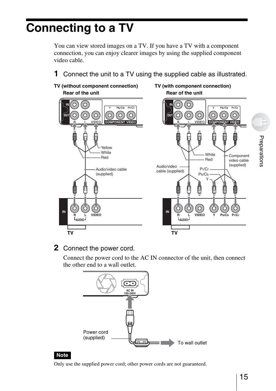 Connecting to a tv, Connect the power cord, Pr ep ar at io ns | Sony HDPS-L1 User Manual | Page 15 / 68