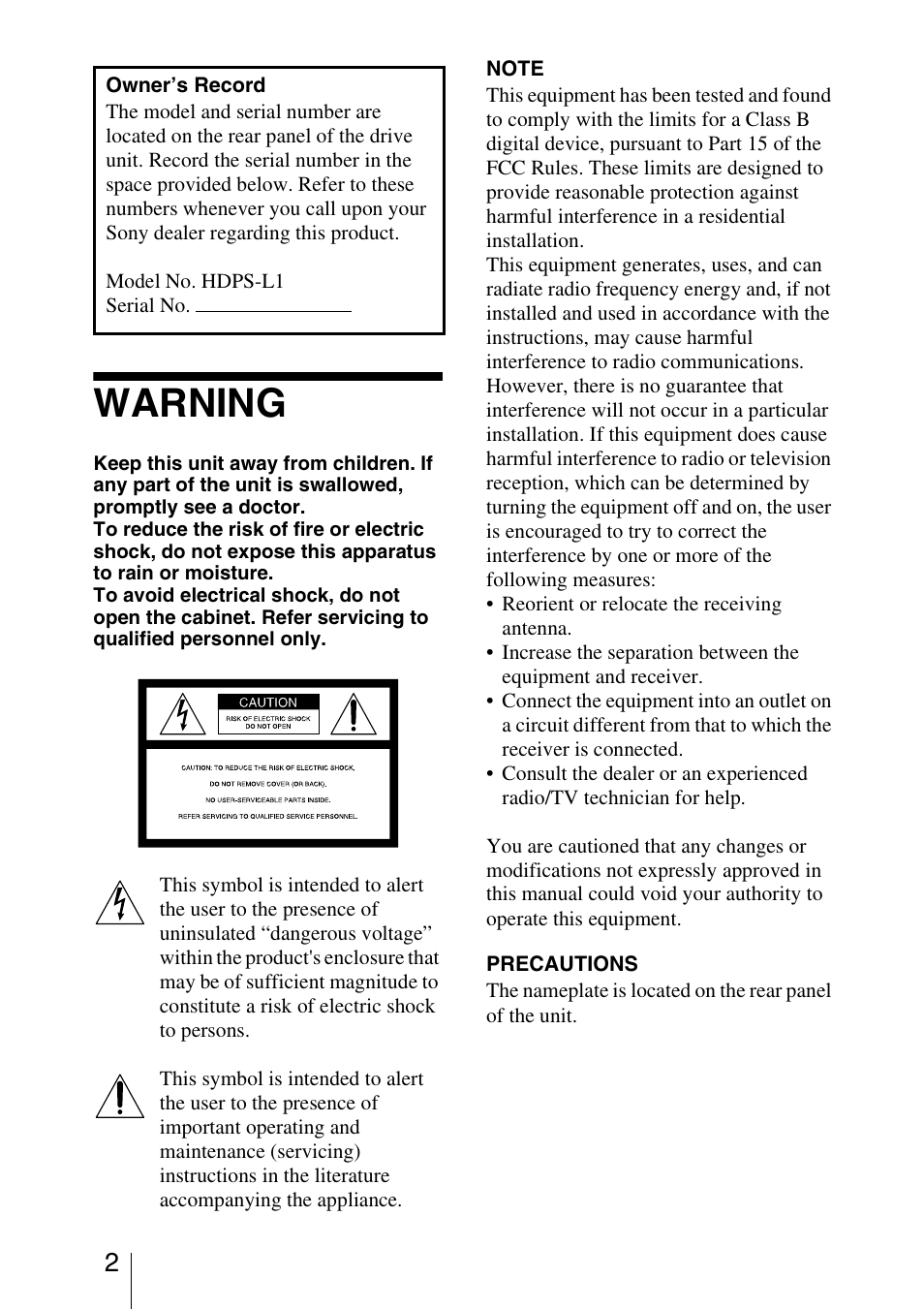 Warning | Sony HDPS-L1 User Manual | Page 2 / 68