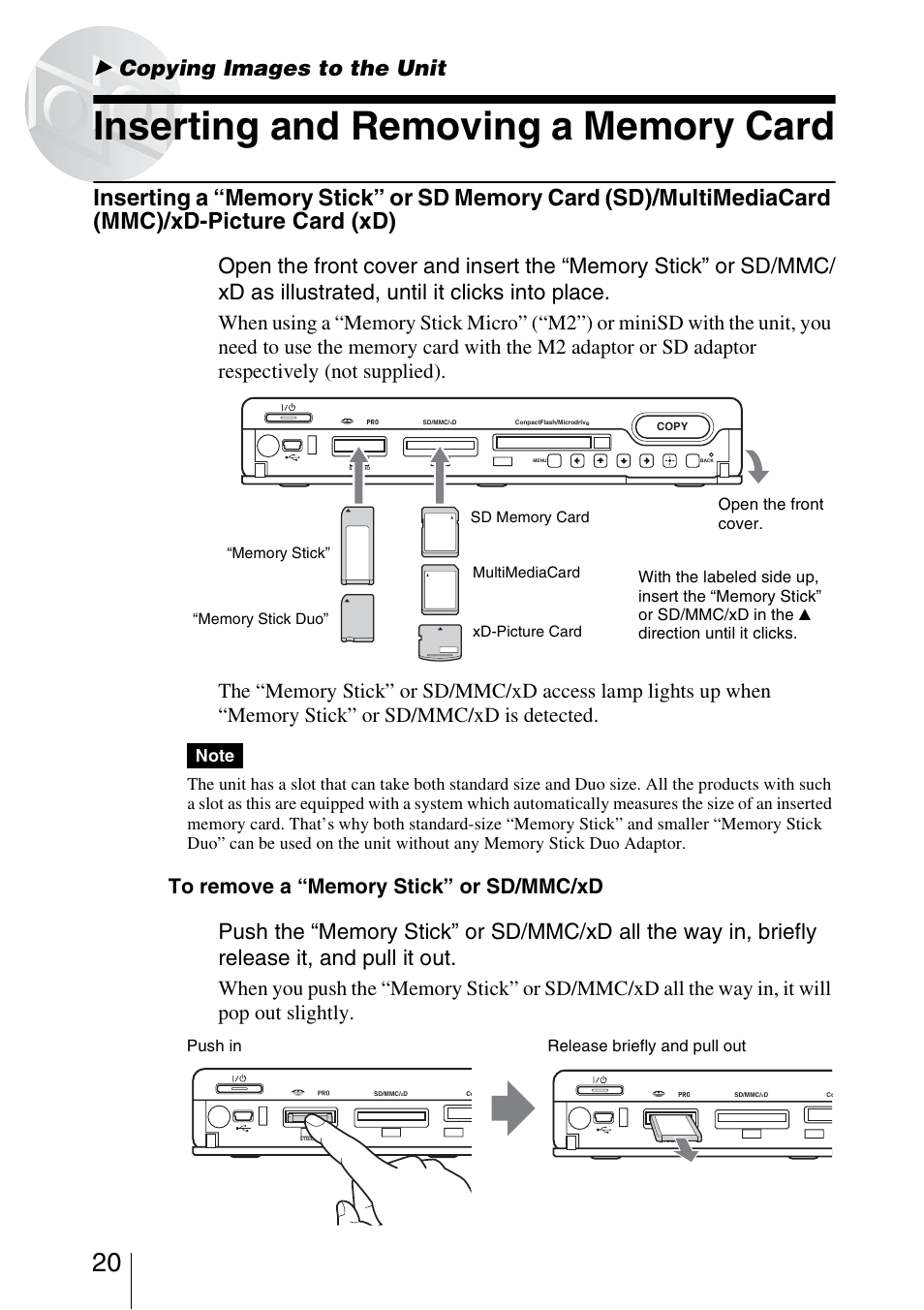 Copying images to the unit, Inserting and removing a memory card | Sony HDPS-L1 User Manual | Page 20 / 68