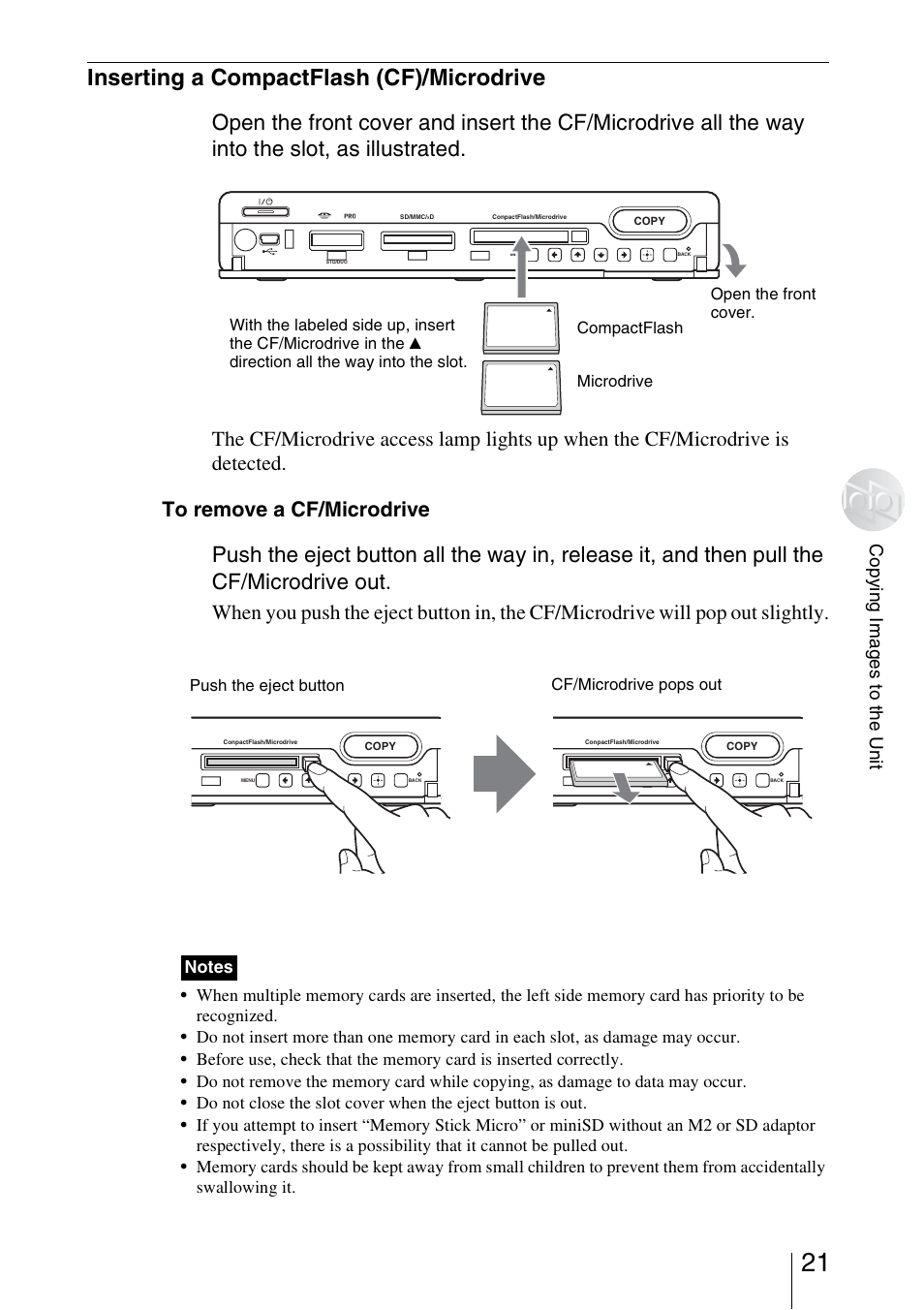 Inserting a compactflash (cf)/microdrive | Sony HDPS-L1 User Manual | Page 21 / 68