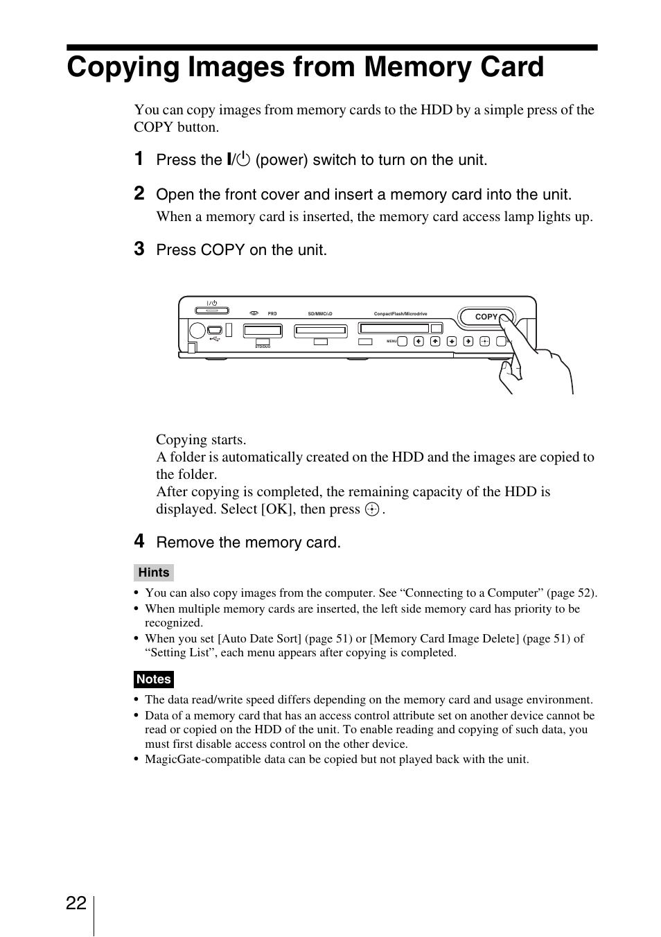 Copying images from memory card, Press the "/1 (power) switch to turn on the unit, Press copy on the unit | Sony HDPS-L1 User Manual | Page 22 / 68