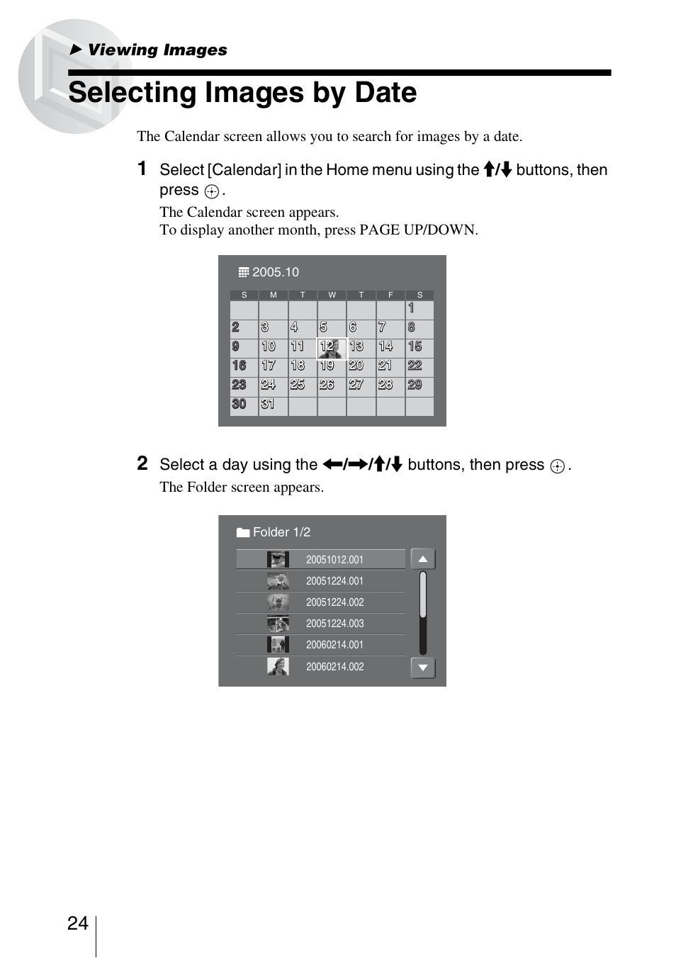 Viewing images, Selecting images by date | Sony HDPS-L1 User Manual | Page 24 / 68