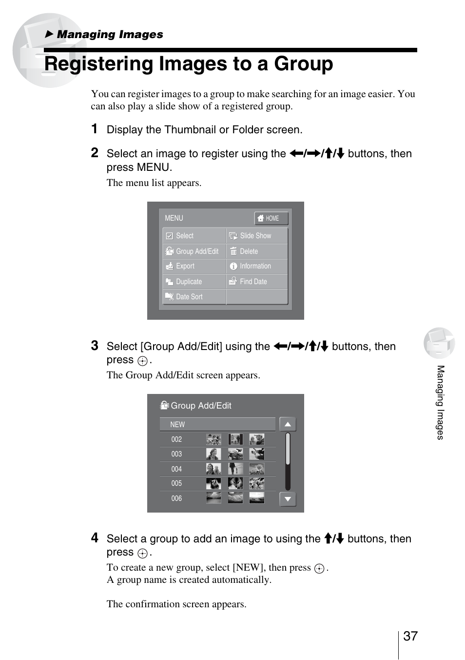 Managing images, Registering images to a group | Sony HDPS-L1 User Manual | Page 37 / 68