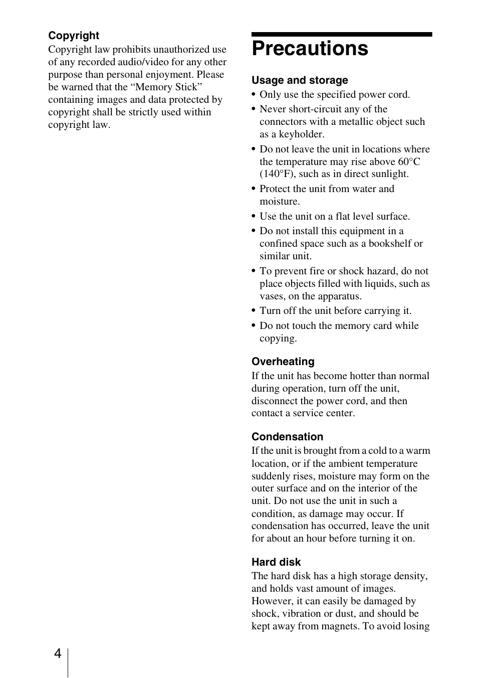 Precautions | Sony HDPS-L1 User Manual | Page 4 / 68