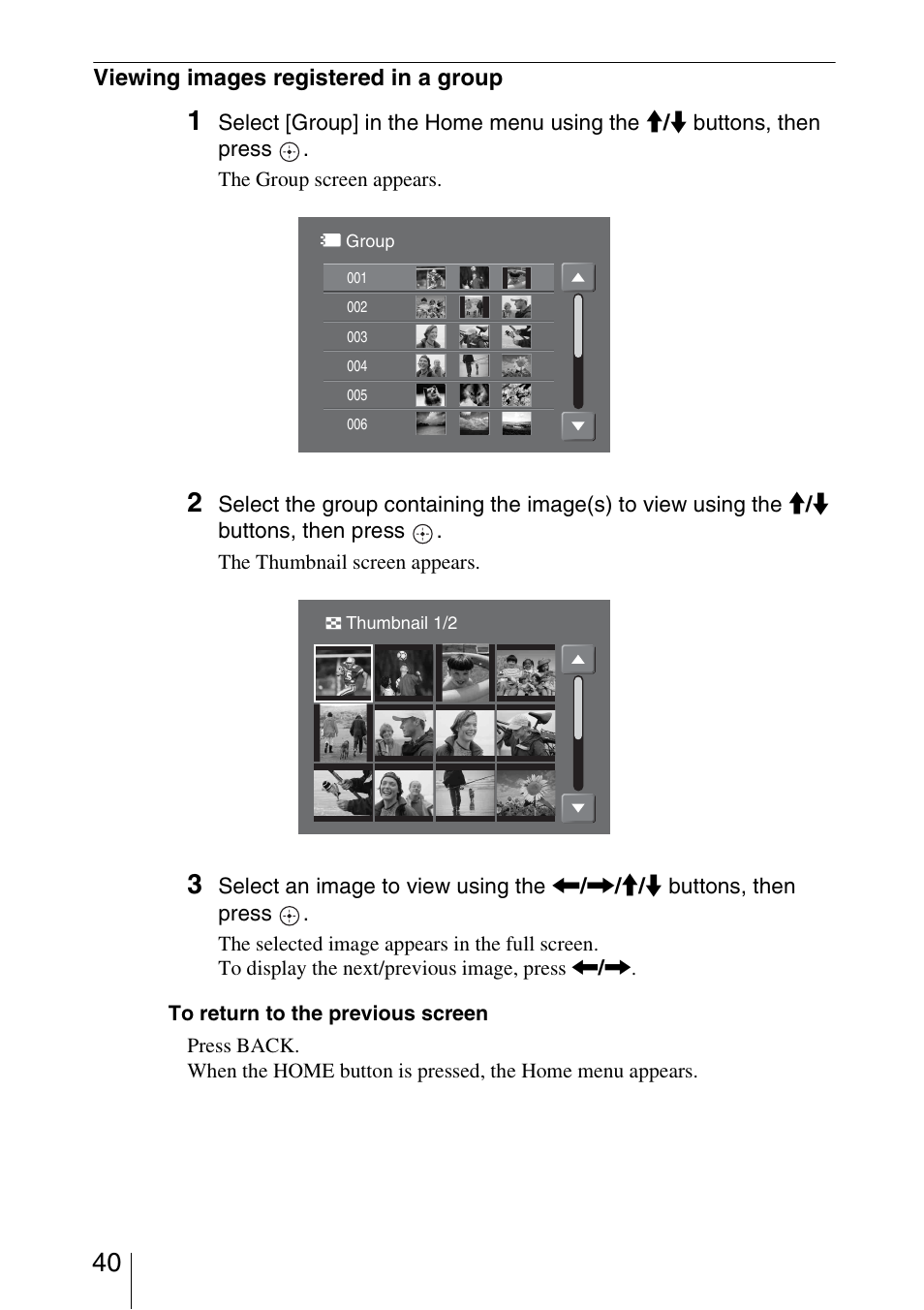 Viewing images registered in a group | Sony HDPS-L1 User Manual | Page 40 / 68