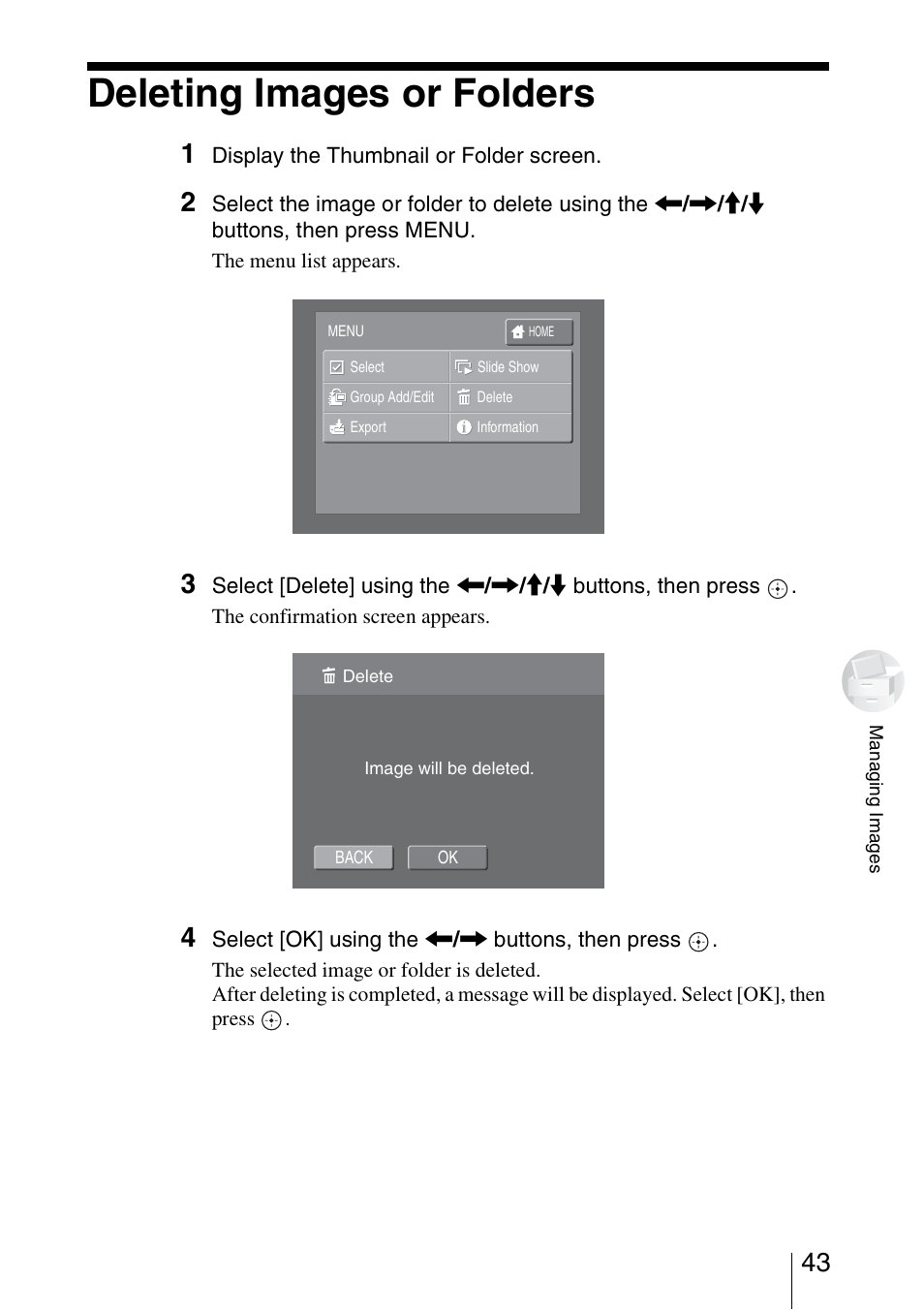 Deleting images or folders | Sony HDPS-L1 User Manual | Page 43 / 68
