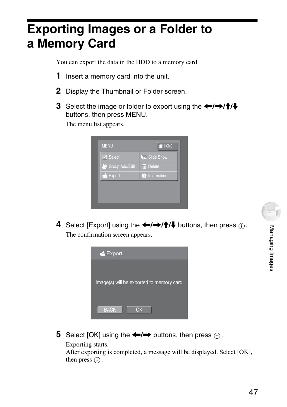 Exporting images or a folder to a memory card | Sony HDPS-L1 User Manual | Page 47 / 68