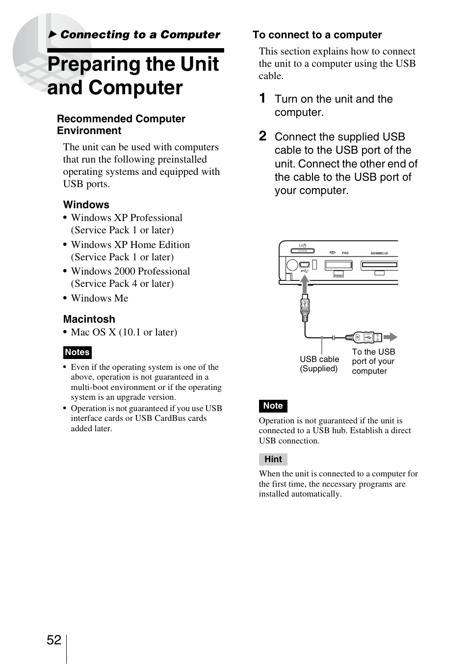 Connecting to a computer, Preparing the unit and computer | Sony HDPS-L1 User Manual | Page 52 / 68