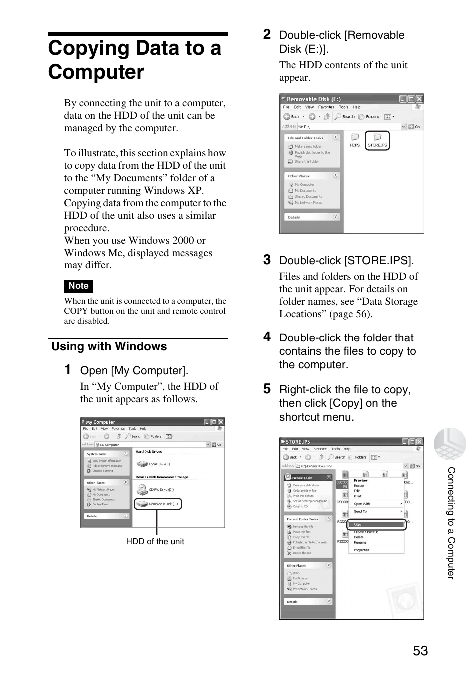 Copying data to a computer, Using with windows | Sony HDPS-L1 User Manual | Page 53 / 68