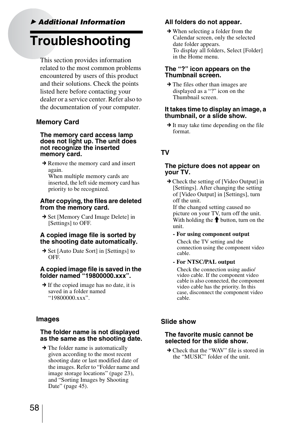 Additional information, Troubleshooting | Sony HDPS-L1 User Manual | Page 58 / 68