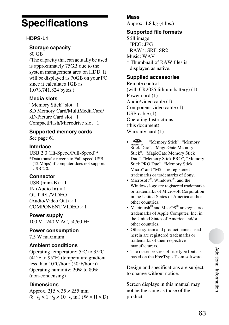 Specifications | Sony HDPS-L1 User Manual | Page 63 / 68