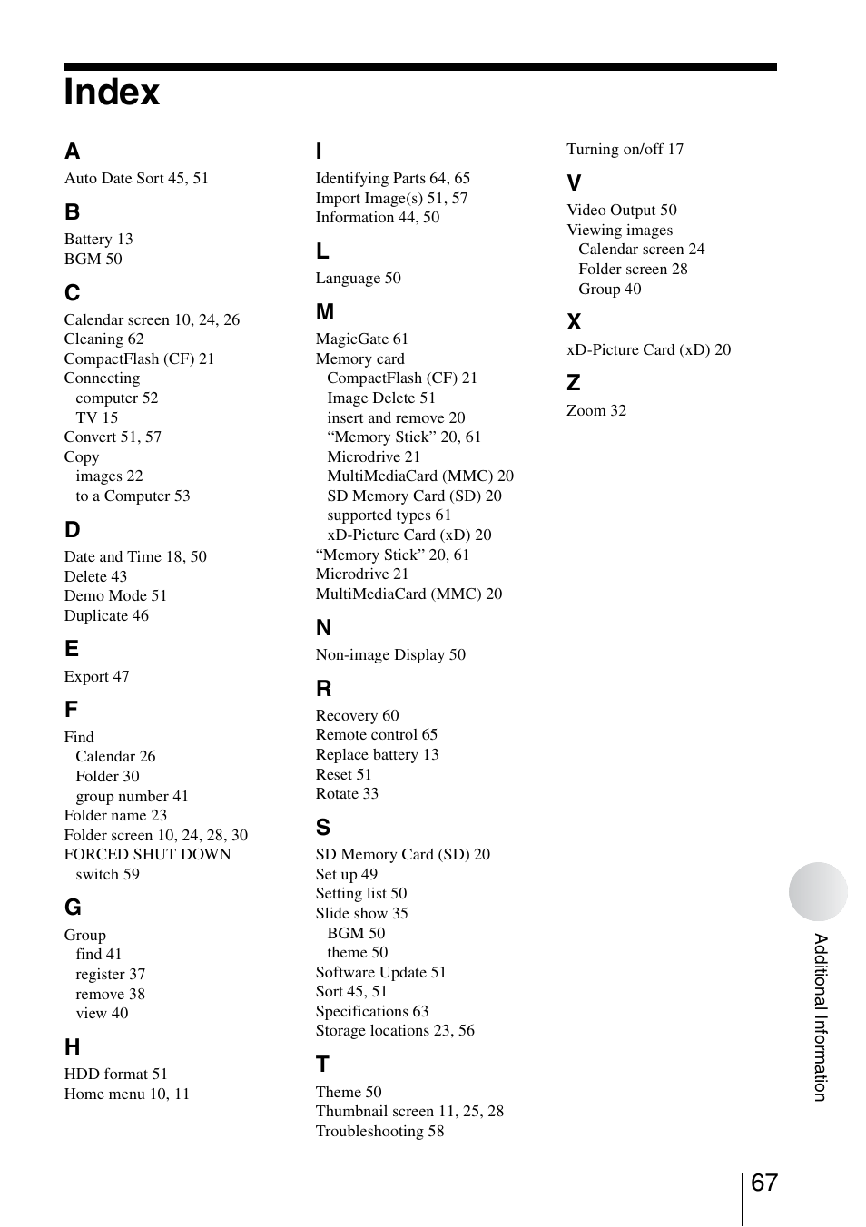 Index | Sony HDPS-L1 User Manual | Page 67 / 68