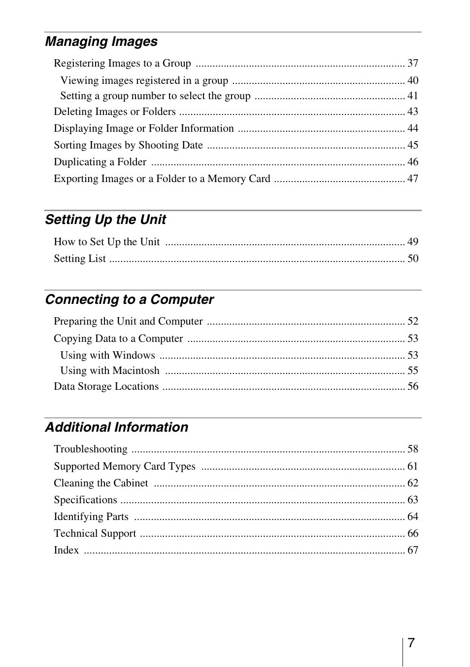7managing images, Setting up the unit, Connecting to a computer | Additional information | Sony HDPS-L1 User Manual | Page 7 / 68