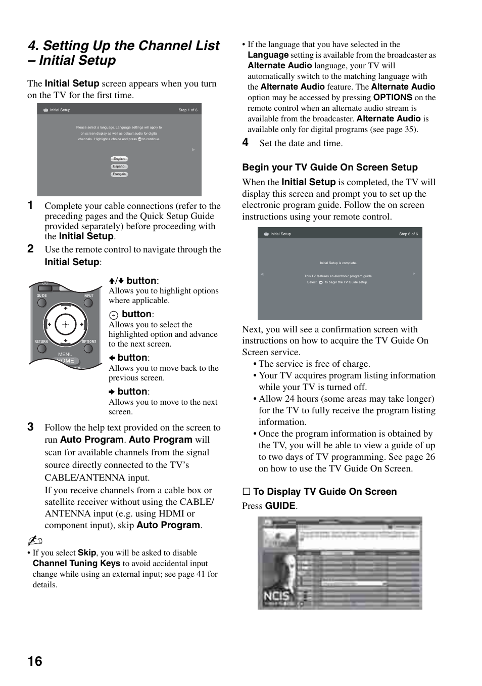Setting up the channel list - initial setup, Setting up the channel list, Initial setup | 16 4. setting up the channel list – initial setup | Sony KDL-52WL140 User Manual | Page 16 / 48