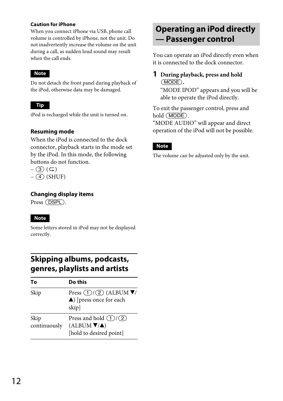 Operating an ipod directly — passenger control | Sony CDX-GT57UPW User Manual | Page 12 / 64