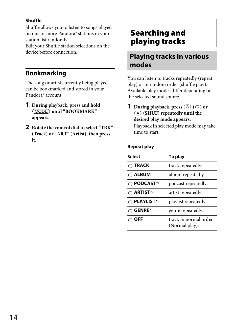Searching and playing tracks, Playing tracks in various modes, Bookmarking | Sony CDX-GT57UPW User Manual | Page 14 / 64