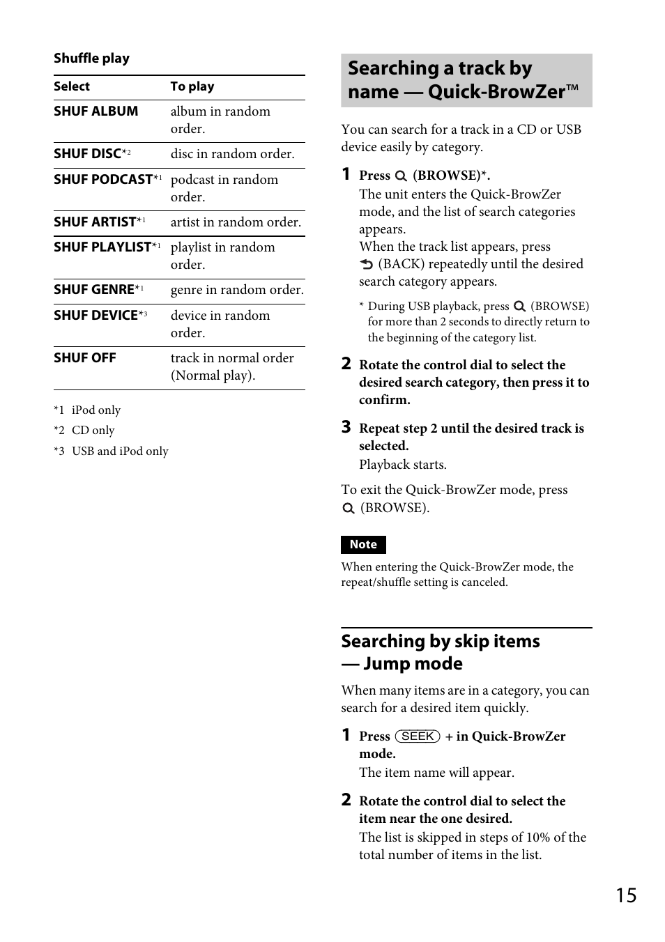 Searching a track by name — quick-browzer, Searching by skip items — jump mode | Sony CDX-GT57UPW User Manual | Page 15 / 64