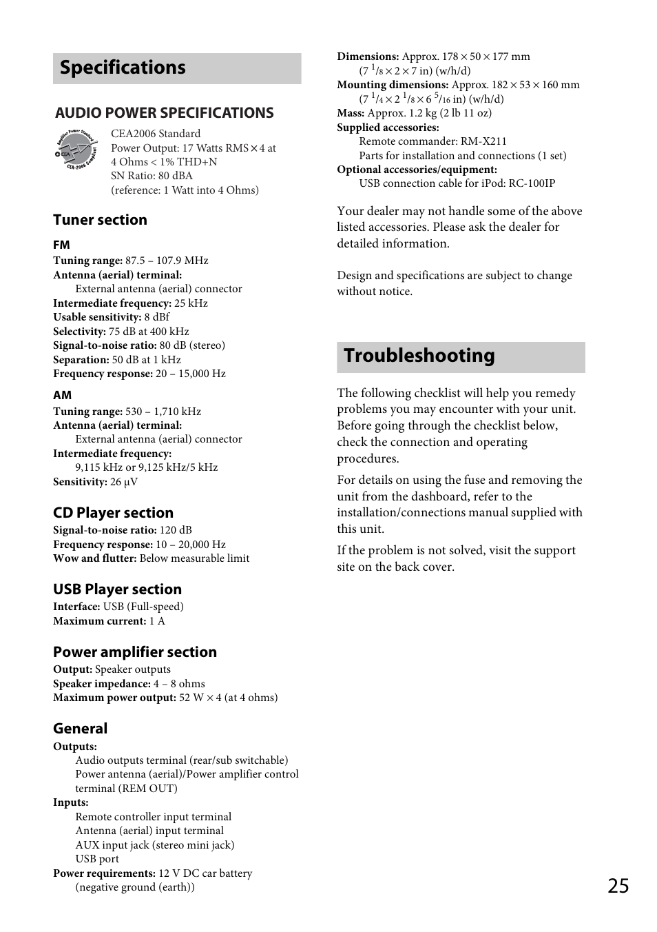 Specifications, Troubleshooting, Specifications troubleshooting | General, Audio power specifications | Sony CDX-GT57UPW User Manual | Page 25 / 64