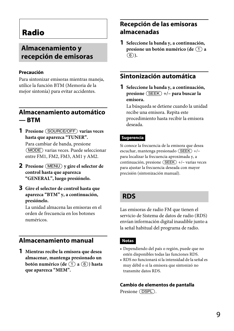 Radio, Almacenamiento y recepción de emisoras, Almacenamiento y recepción de emisoras rds | Almacenamiento automático — btm 1, Almacenamiento manual 1, Recepción de las emisoras almacenadas 1, Sintonización automática 1 | Sony CDX-GT57UPW User Manual | Page 37 / 64