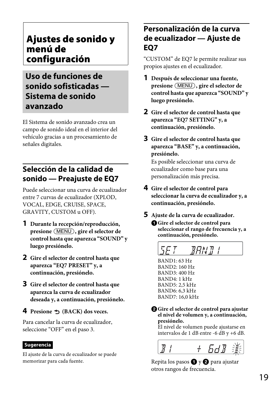 Ajustes de sonido y menú de configuración | Sony CDX-GT57UPW User Manual | Page 47 / 64