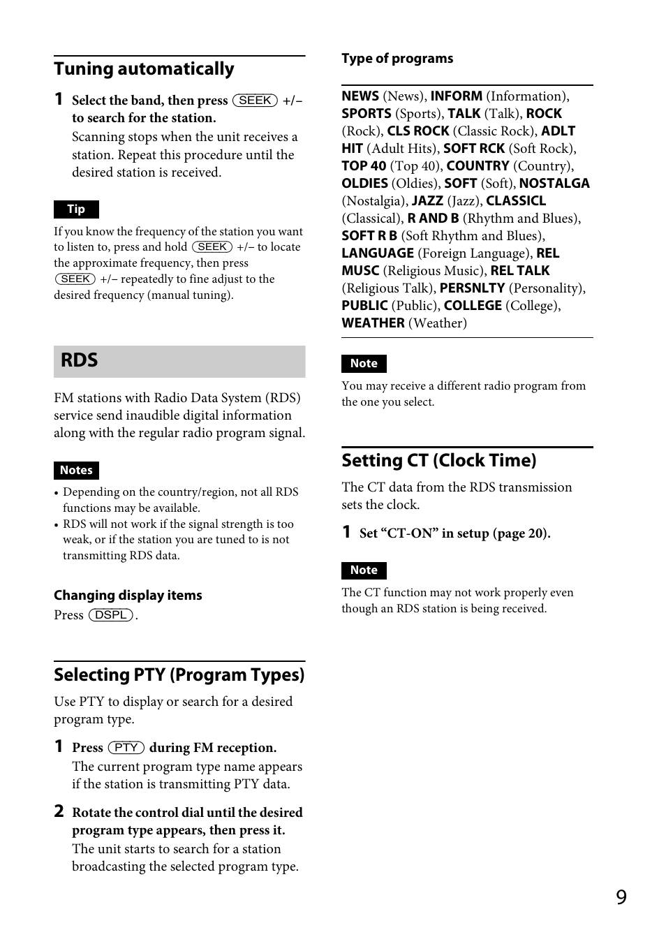Tuning automatically 1, Selecting pty (program types), Setting ct (clock time) | Sony CDX-GT57UPW User Manual | Page 9 / 64