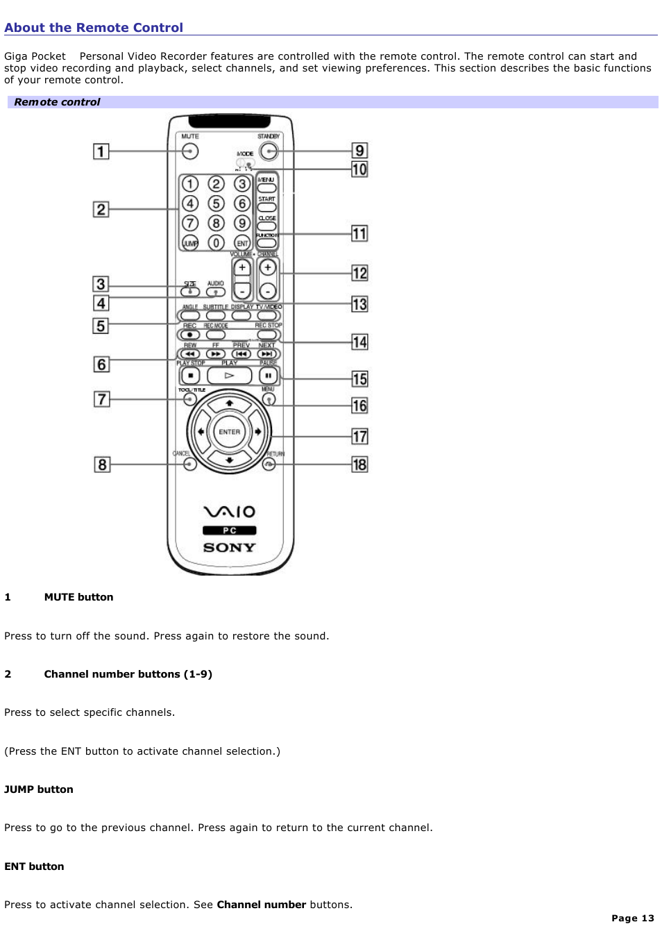 About the remote control | Sony PCV-RZ32G User Manual | Page 13 / 223