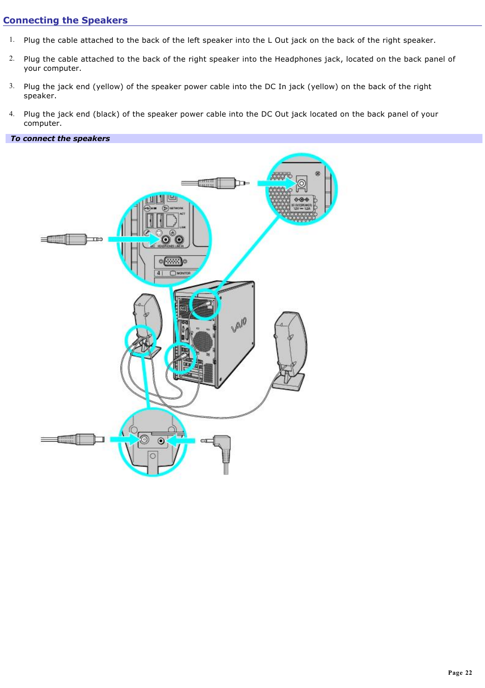 Connecting the speakers | Sony PCV-RZ32G User Manual | Page 22 / 223