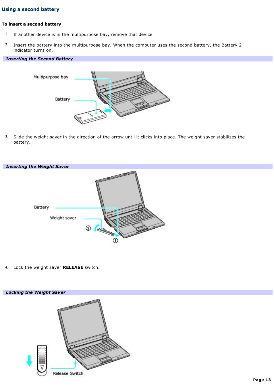 Using a second battery | Sony PCG-GRT360ZG User Manual | Page 13 / 277