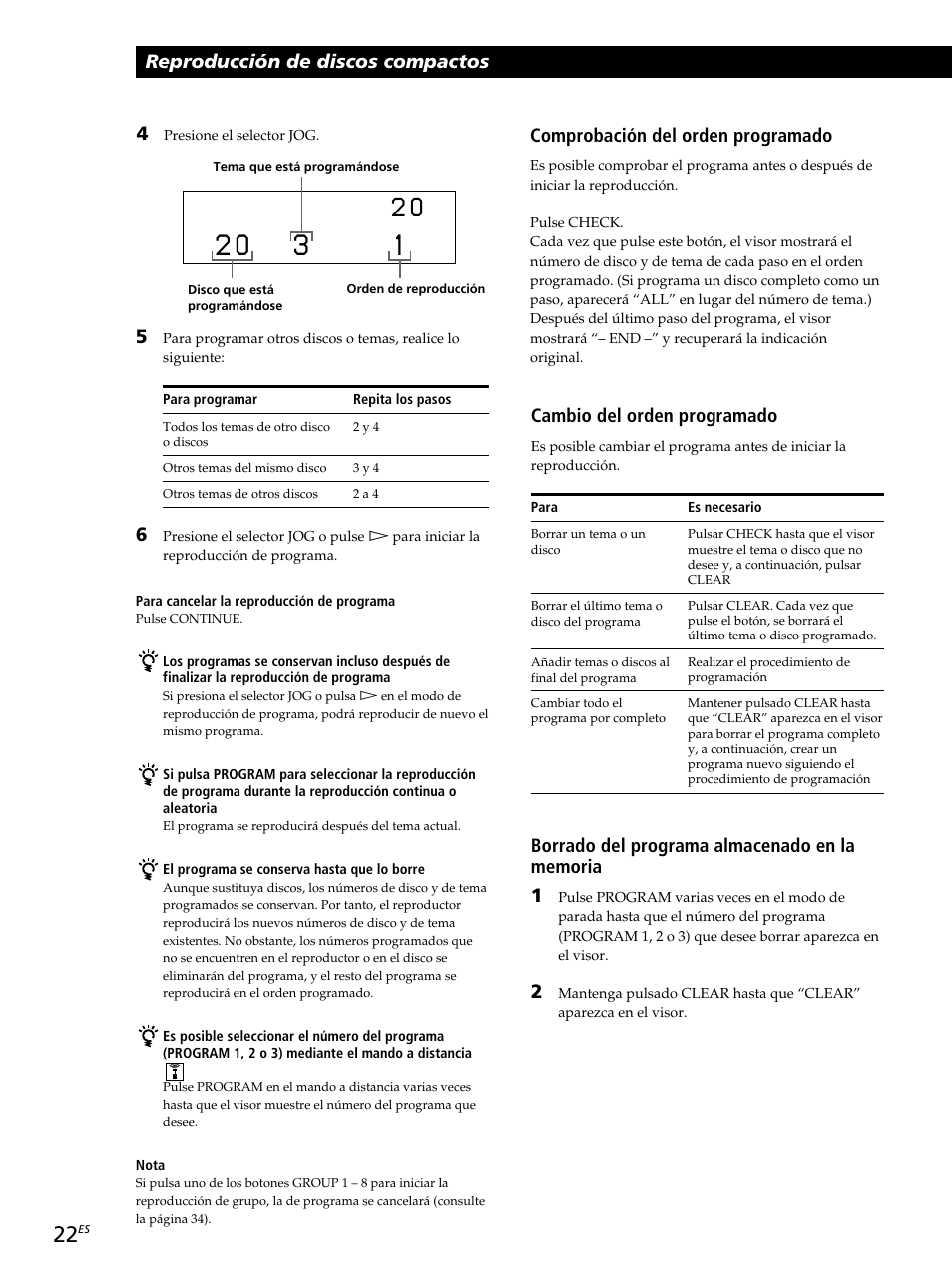 Reproducción de discos compactos, Cambio del orden programado, Comprobación del orden programado | Sony CDP-CX260 User Manual | Page 102 / 120