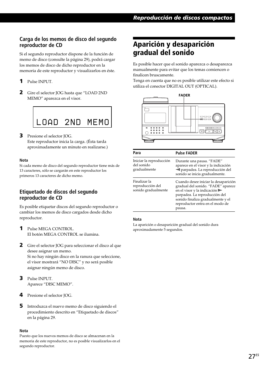 Aparición y desaparición gradual del sonido | Sony CDP-CX260 User Manual | Page 107 / 120